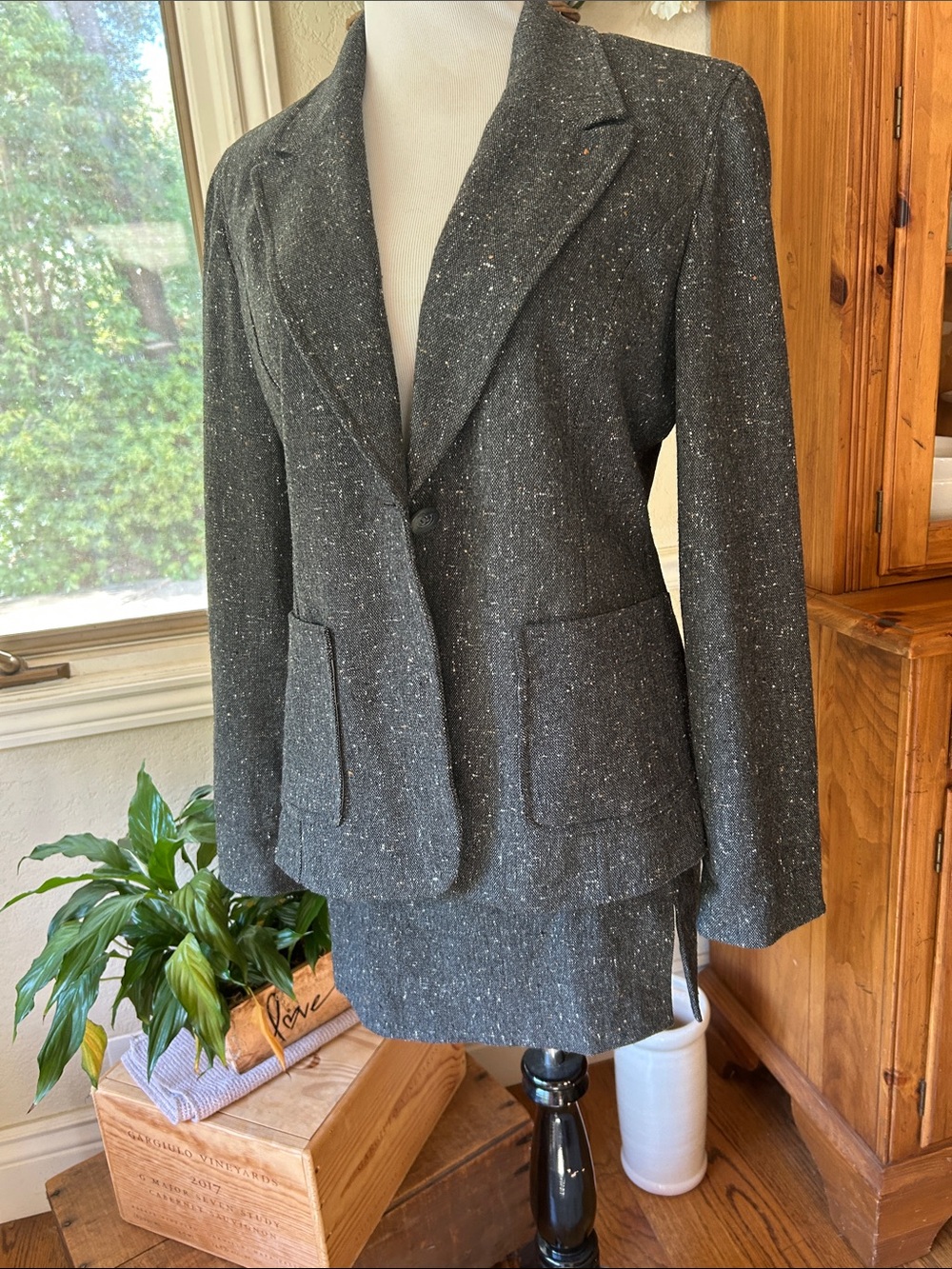 Express Charcoal Speckled Tweed Single-Button Blazer Skirt Suit Size 9/10